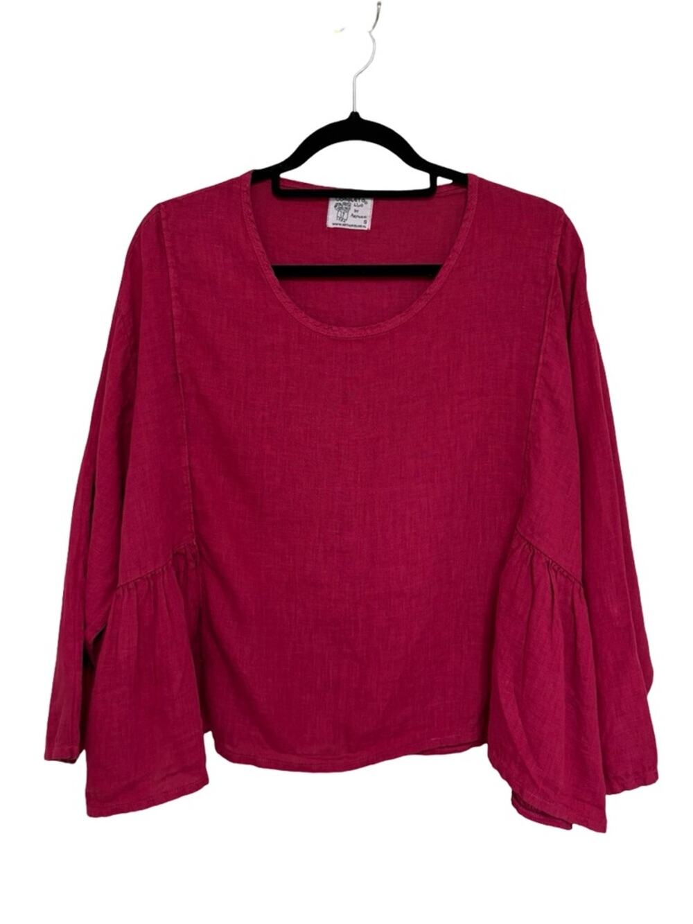 Lagenlook 100% Linen Flowy Scoop Neck Peplum Top in Dark Fuchsia Pink - Size S